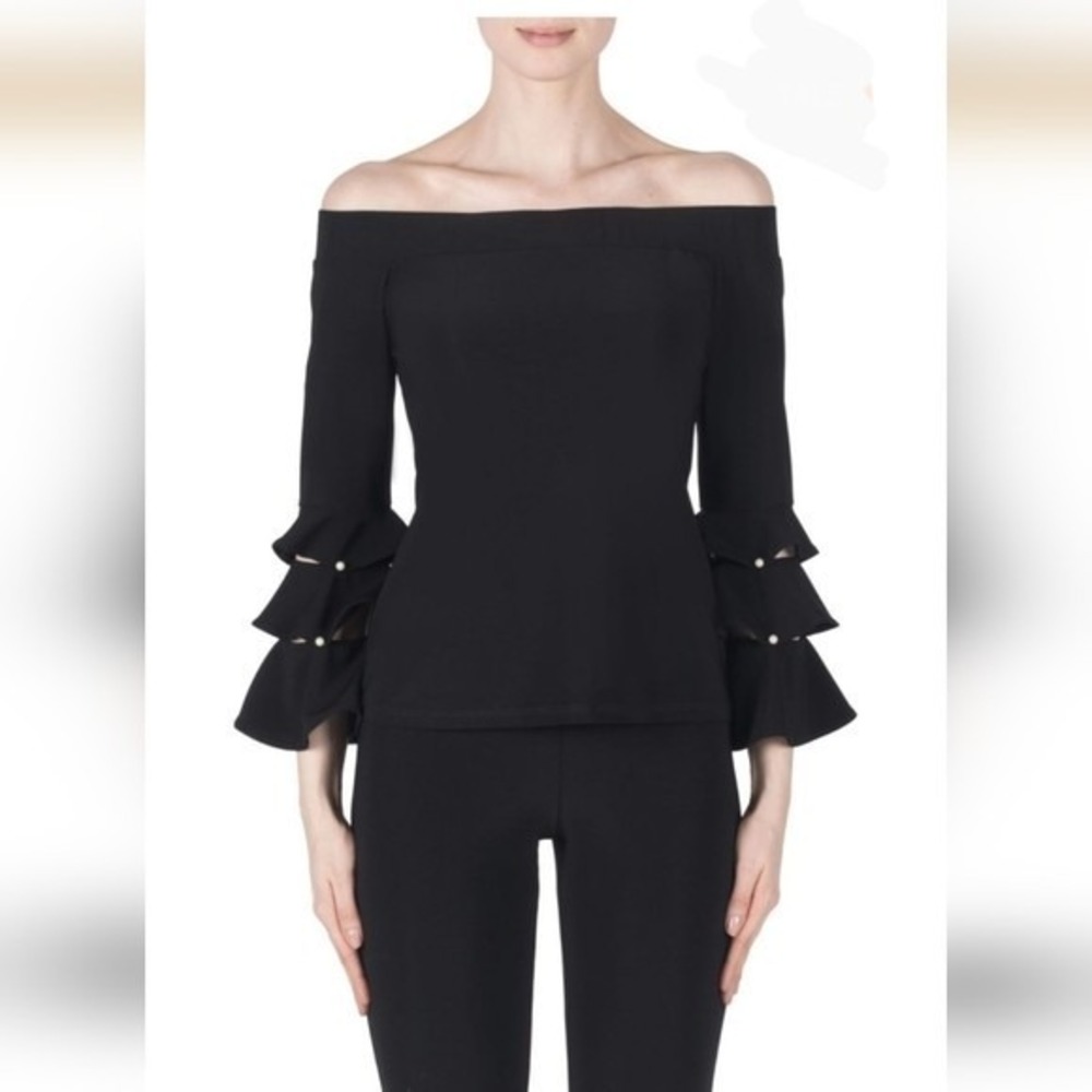 Joseph Ribkoff Womens Top Black Off Shoulder Silky Knit Ruffled Pearl Sleeves 12